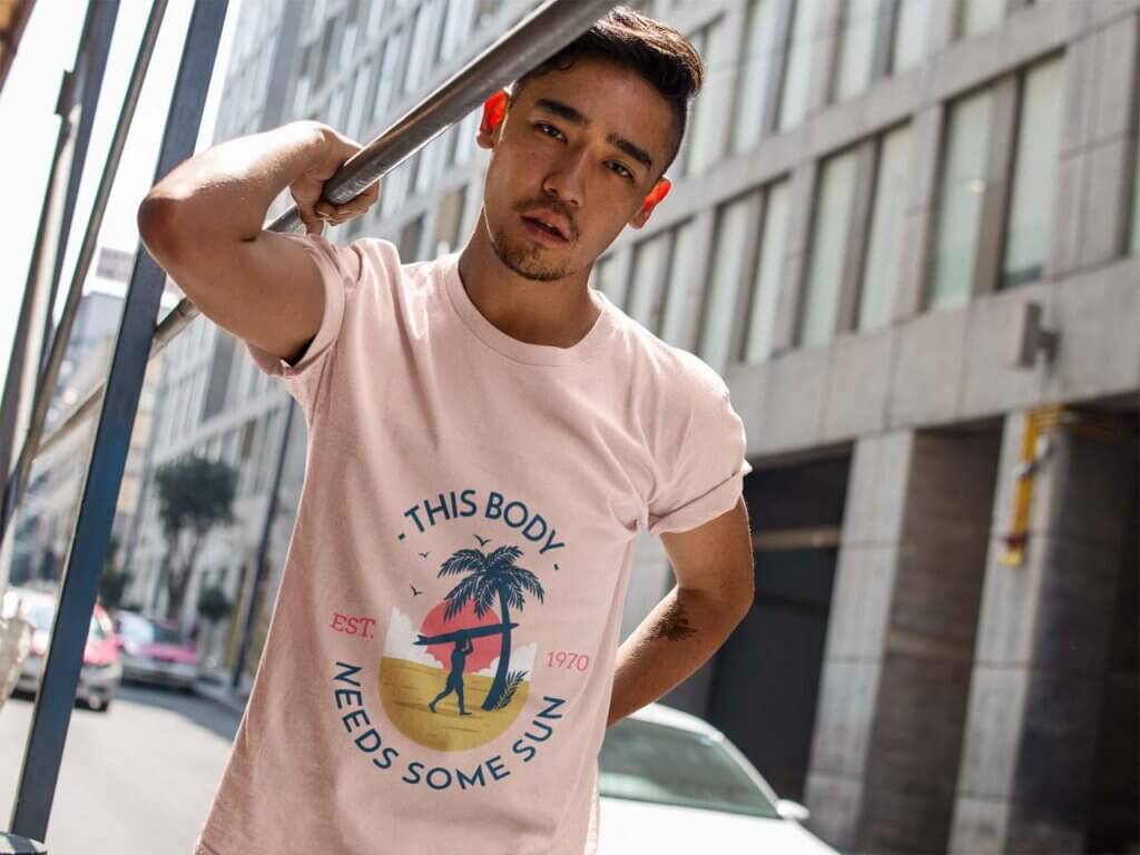 Dude Wearing A Round Neck Tee Template While In Front Of A City Building A17803 Easy Resize.com