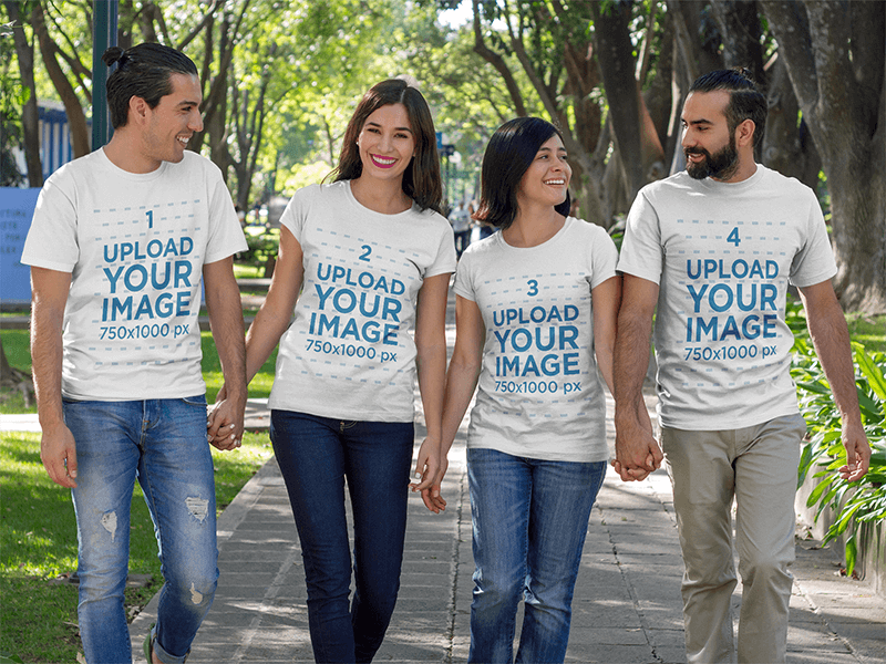 Group Of Two Couples Walking And Talking At A Park While Wearing Different T Shirts Template