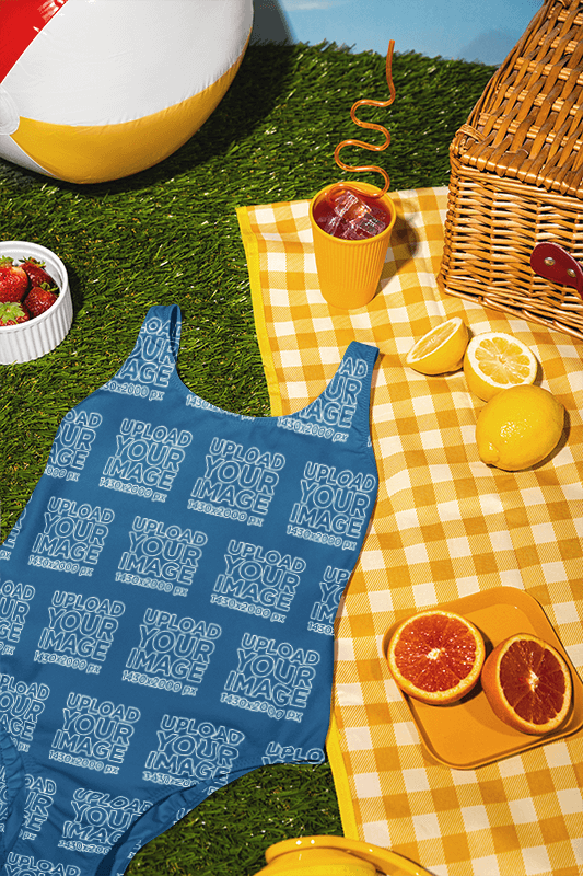 Mockup Of A Sublimated Swimsuit Lying On A Picnic Themed Setting