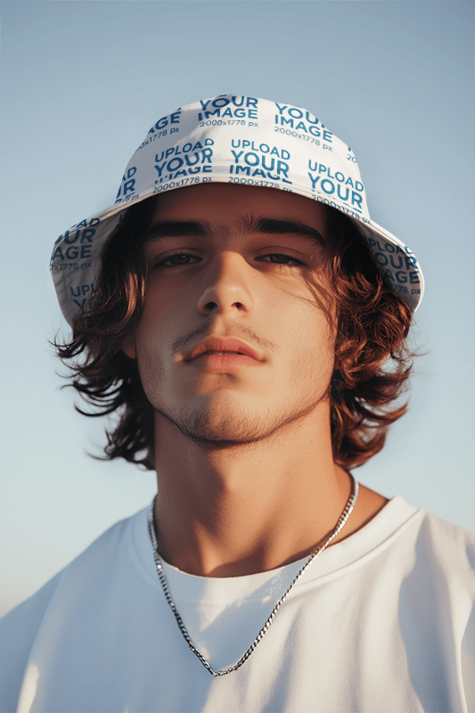 Mockup Of An Ai Generated Serious Man Wearing A Bucket Hat Featuring A Pretty Sky On The Back