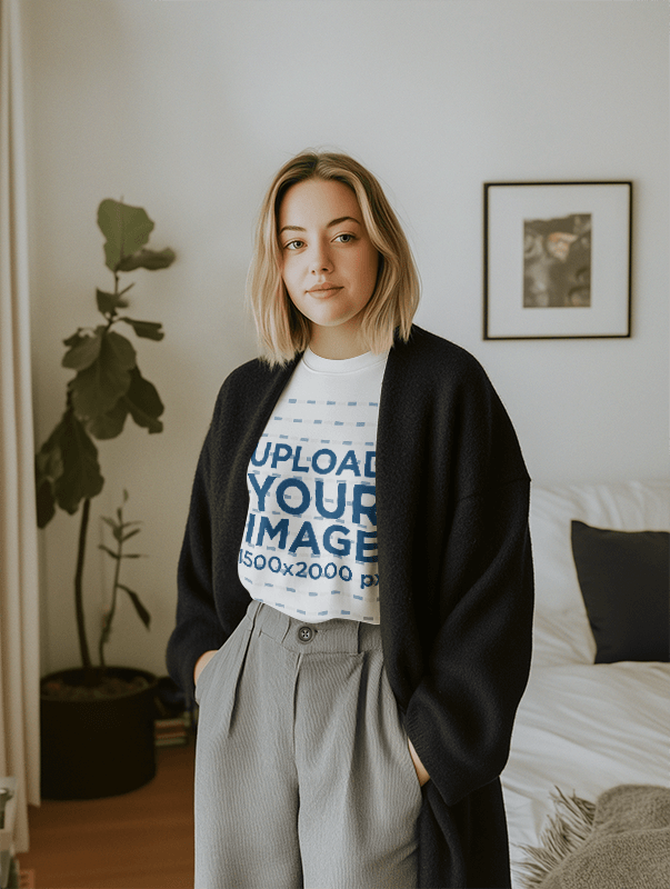 T Shirt Mockup Featuring An Ai Created Woman Posing With A Smile In Her Bedroom