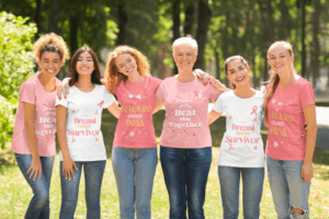 T Shirt Mockup Featuring Happy Women Supporting Breast Cancer Awareness