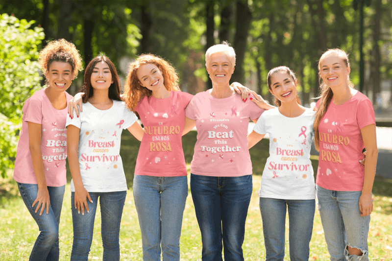 T Shirt Mockup Featuring Happy Women Supporting Breast Cancer Awareness
