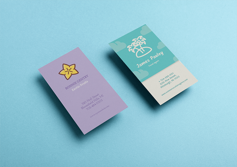 Two Vertical Witbusiness Cards Mockup Floating Over A Solid Surface