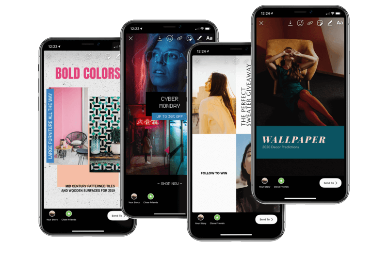 Iphone 11 -malli, jossa on neljä Instagram Story -kollaasimallia