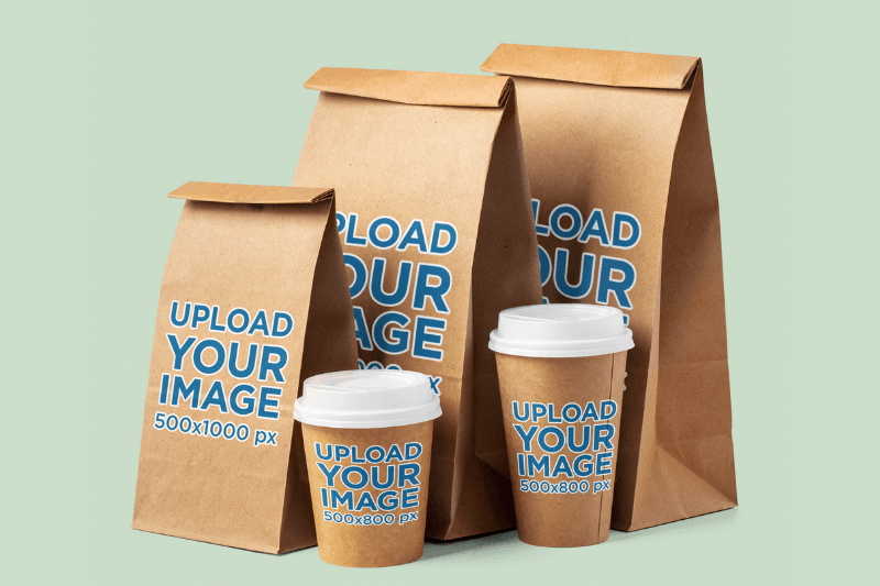 Food Packaging Mockup Of Three Paper Bags And Coffee Cups