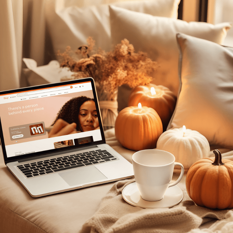 Macbook Mockup Displaying The Etsy Home Page Featuring An Ai Generated Fall Themed Setting