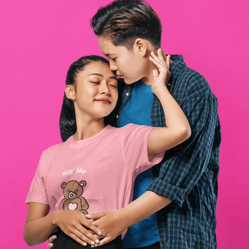 Round Neck Tee Mockup Of A Romantic Lgbtq Couple At A Studio