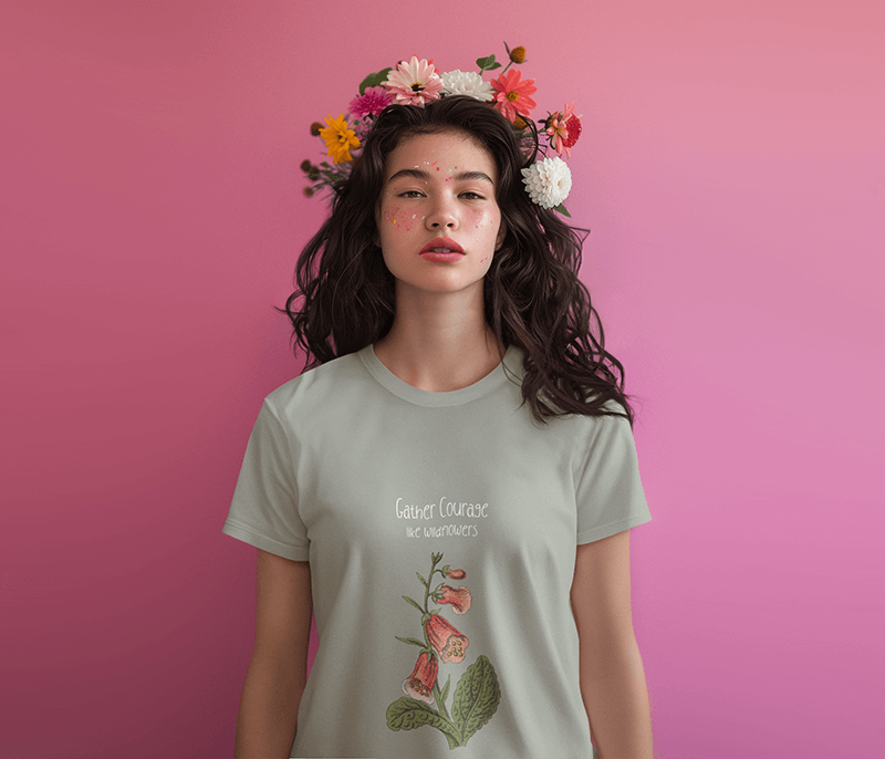 Ai Generated Mockup Of A Woman Wearing A Crewneck T Shirt And Flowers On Her Head