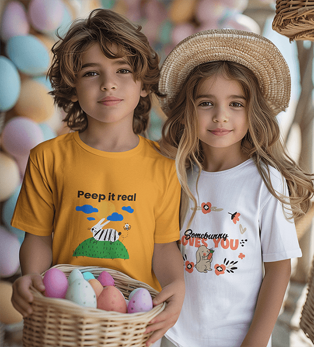 Crewneck T Shirt Mockup Of Ai Created Siblings At A Fun Easter Egg Hunt