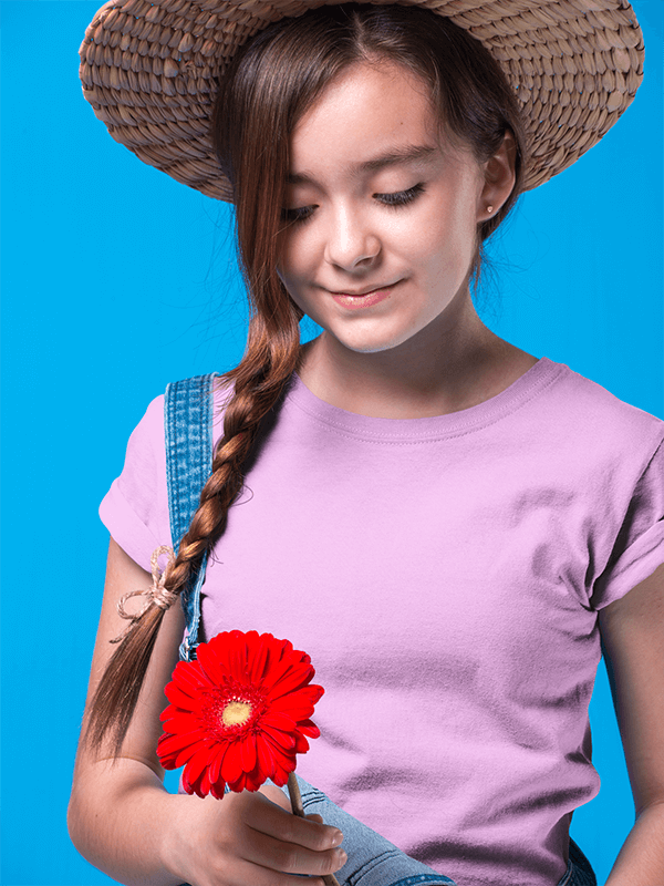 Girl Holding A Red Sunflower Wearing A T Shirt Mockup