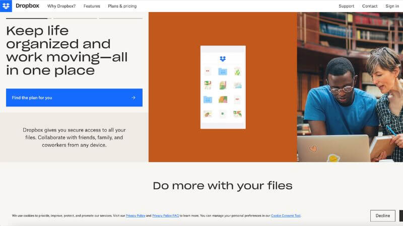 Screenshot showing the Dropbox business tool home page