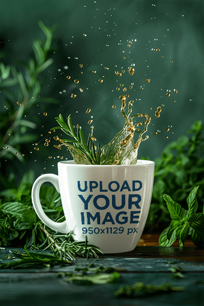 Ai Created Mockup Of A Mug With Splashing Coffee Surrounded By Mint Leaves