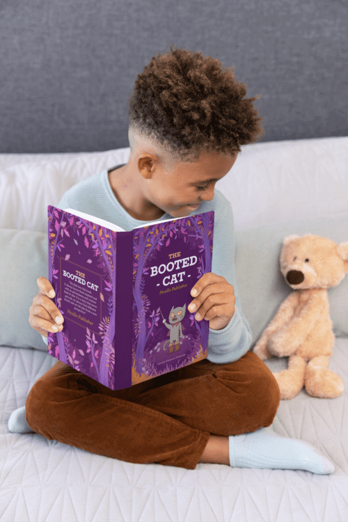 Book Mockup Of A Boy Sitting In Bed With His Teddy Bear M26943