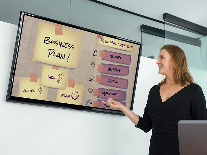 Business Woman With Lg Flat Screen Tv Mockup Template