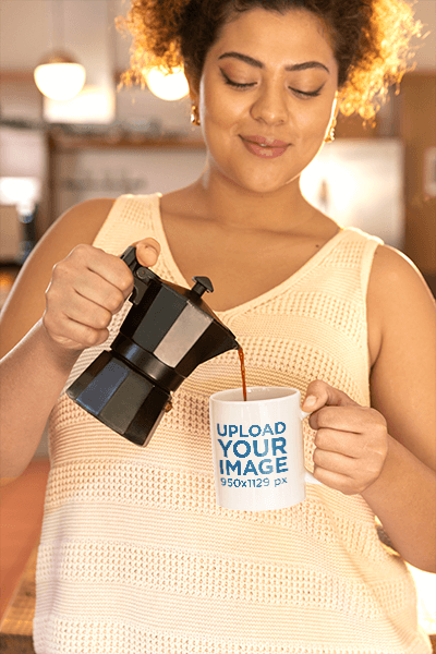 Coffee Mug Mockup Featuring A Smiling Woman Serving Coffee