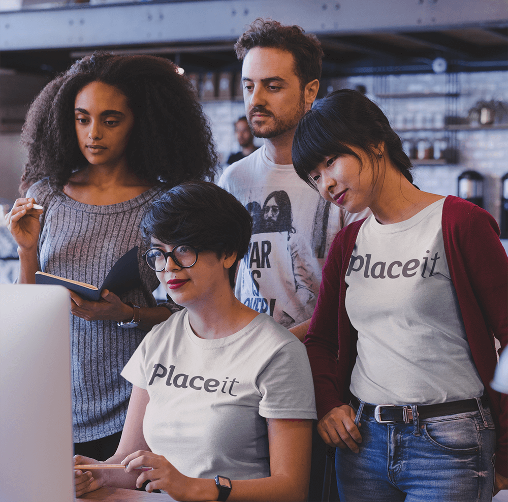 Group Of Coworkers At A Startup Wearing T Shirts Mockup While At A Meeting