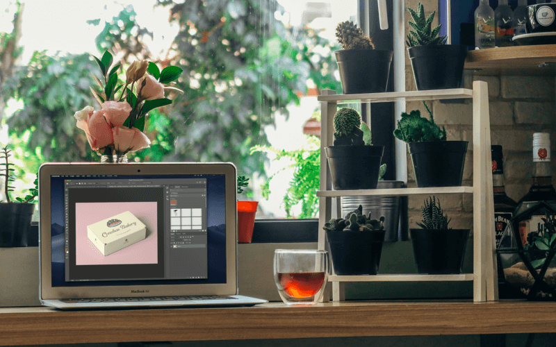 Mockup Of A Macbook Air Next To Some Plant Pots