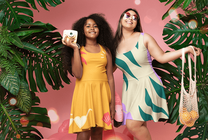 Skater Dress Mockup Featuring A Woman And A Girl Posing Happily At A Summer Themed Studio