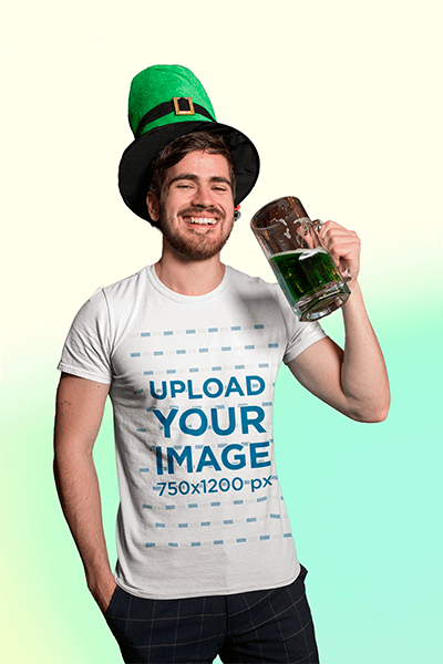 Transparent T Shirt Mockup Featuring A Smiling Man Drinking Green Beer