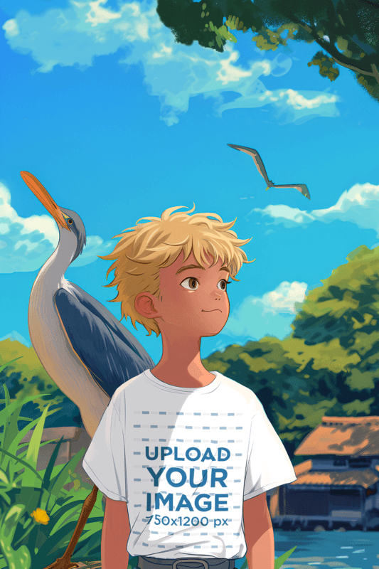 A Lovely Mockup Of A Smiling Boy Wearing A T Shirt In Front Of A Heron