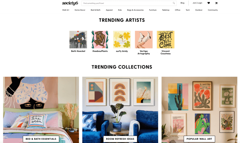 Society6 Home Page Showcasing Their Support For Trending Artists