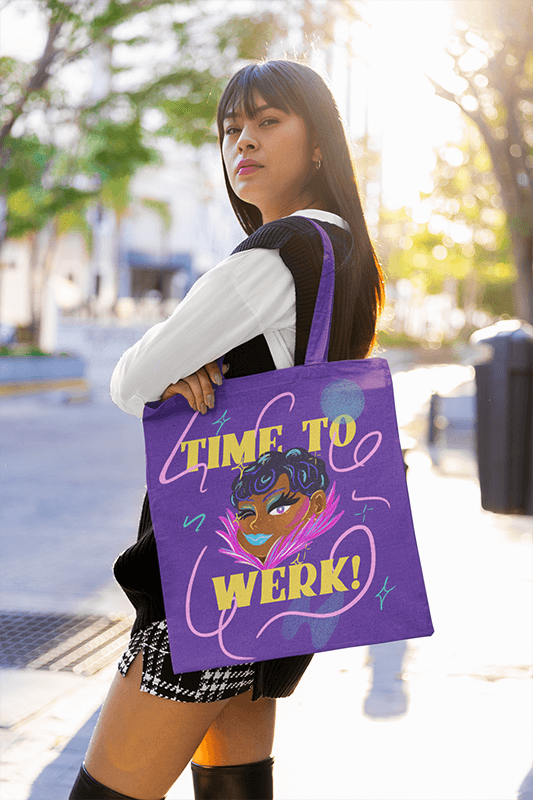 Mockup Of A Woman With Long Hair Posing On A Street With A Tote Bag On Her Shoulder