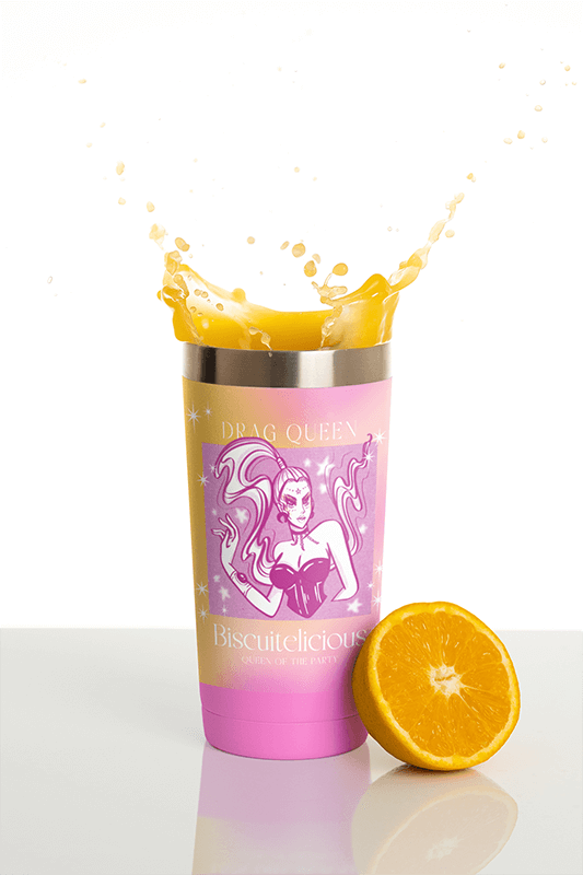 Travel Mug Mockup Featuring An Orange Slice And Splashing Juice