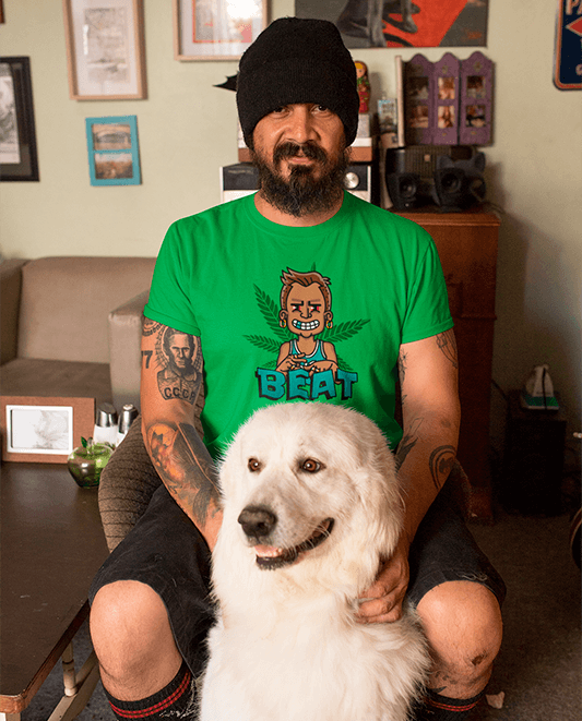 T Shirt Mockup Featuring A Man At Home With His Dog