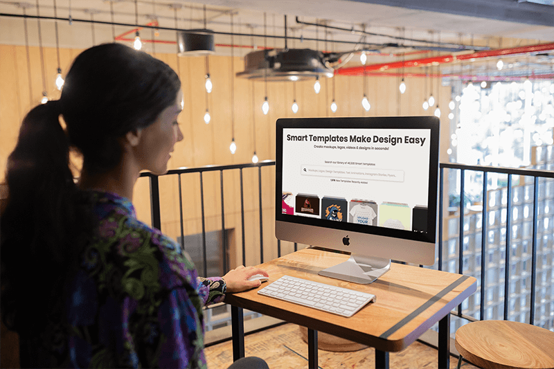 Woman Working With Imac Mockup At Her Workstation