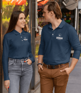Long Sleeve Polo Shirt Mockup Of A Couple On The Street