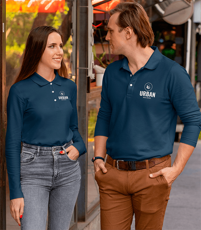 Long Sleeve Polo Shirt Mockup Of A Couple On The Street