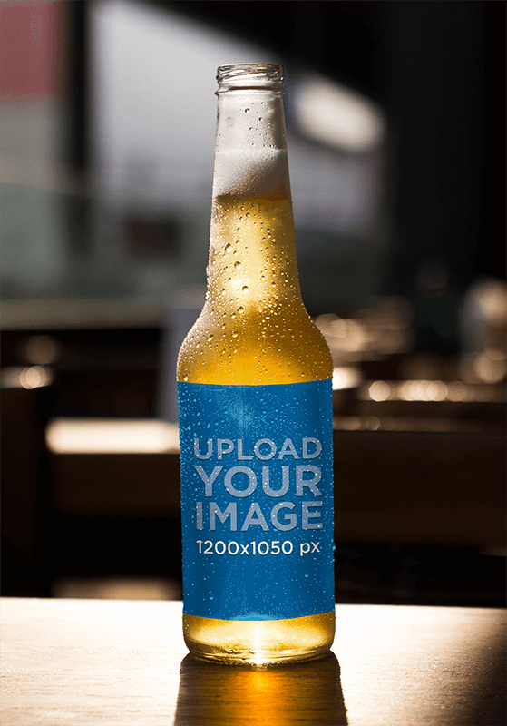 Open Gold Lager Beer Bottle Template On A Wooden Surface
