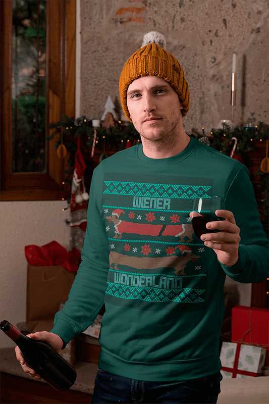 Christmas Mockup Of A Man Wearing A Crewneck Sweatshirt And Drinking Wine