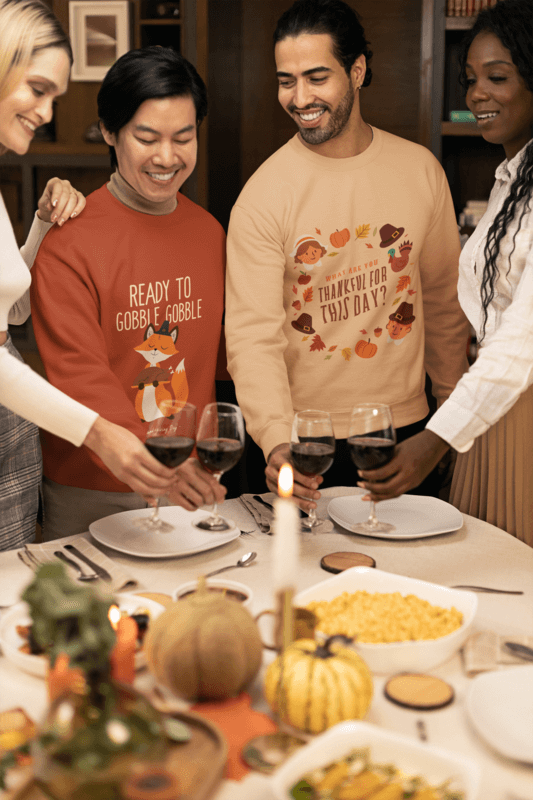 Gildan Sweatshirt Mockup Featuring A Group Of Friends Celebrating Thanksgiving