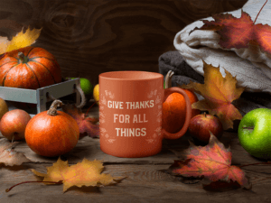 Mockup Of An 11 Oz Coffee Mug Surrounded By Fall Decorations