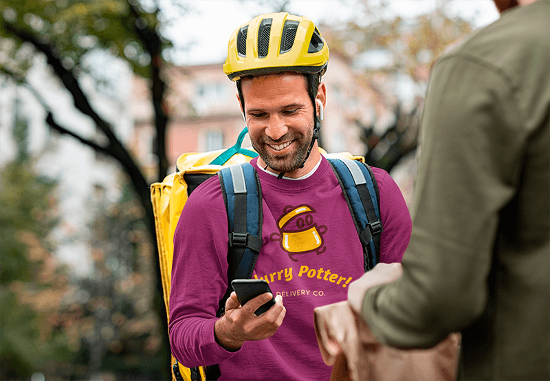 Round Neck Sweatshirt Featuring A Smiling Delivery Guy With His Phone