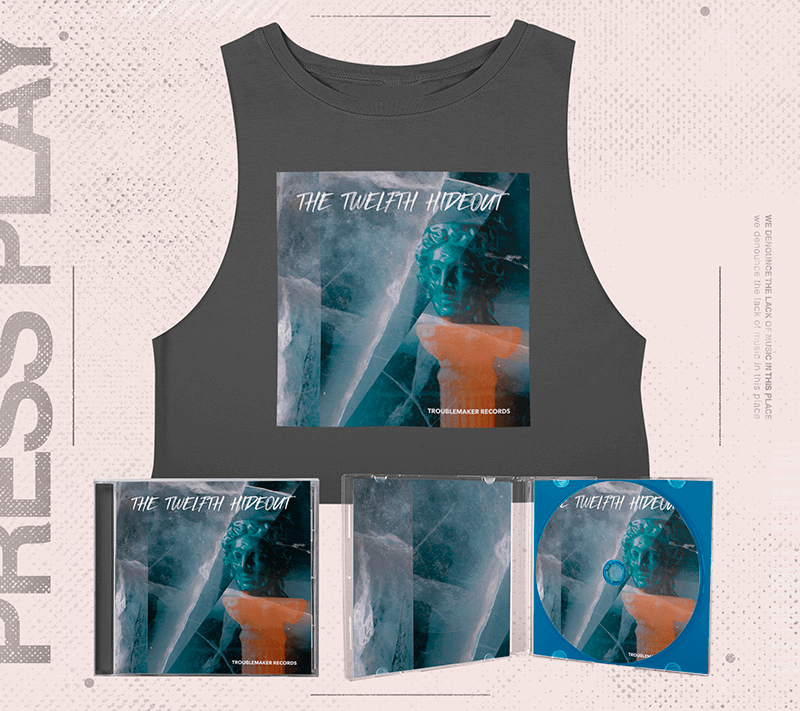 Mockup Of A Merch Bundle Of A Cropped Sleeveless Tee With A Cd Jewel Case
