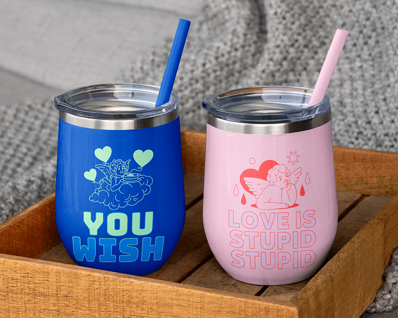 Mockup Of Two Wine Tumblers With Straws On A Wooden Tray