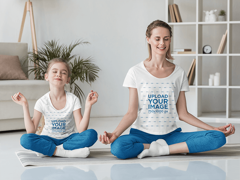 T Shirt Mockup Featuring A Girl And Her Mother Meditating At Home