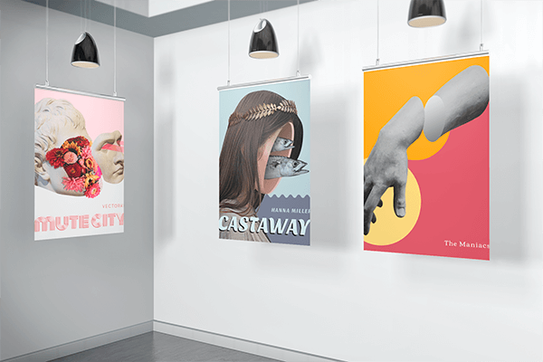 Three Posters Inside A Minimalistic Scenario representing unity in graphic design