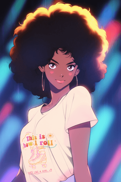 Mockup Of An 80s Anime Inspired Woman With An Afro Hairstyle Wearing A T Shirt
