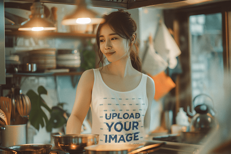 Tank Top Mockup Featuring An Ai Created Smiling Woman Cooking In A Kitchen