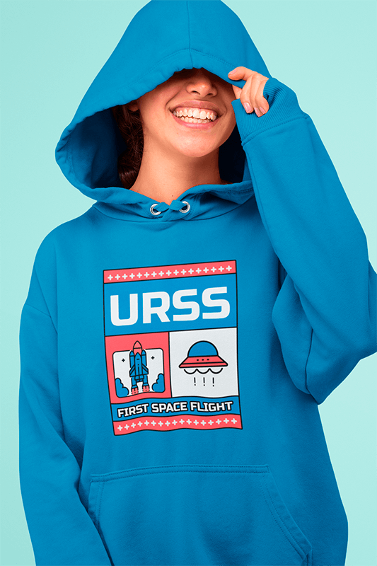 Pullover Hoodie Mockup Featuring A Woman Laughing In A Studio