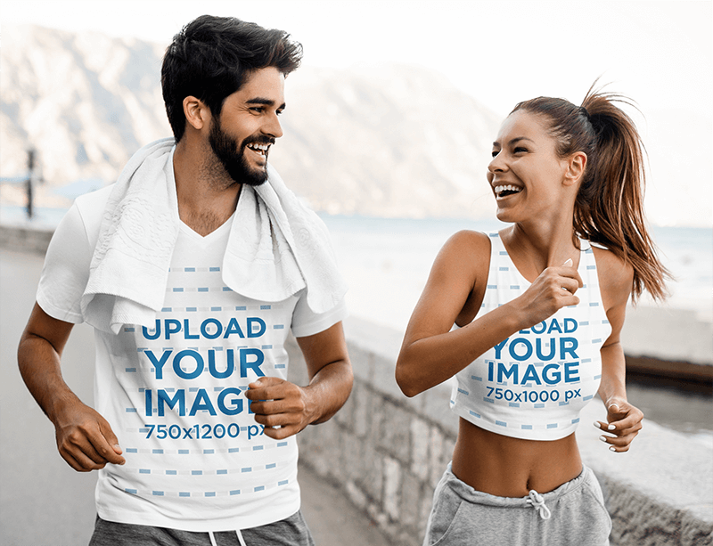 V Neck T Shirt And Crop Top Mockup Of Two Friends Running