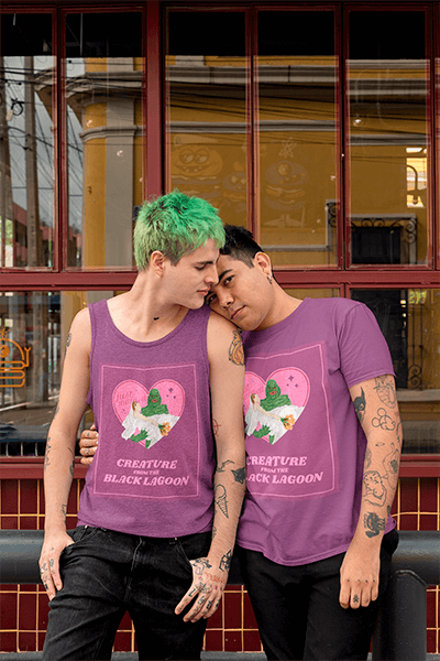 Mockup Of An Lgbt Couple Wearing A Tank Top And A T Shirt In Front Of A Restaurant 30435