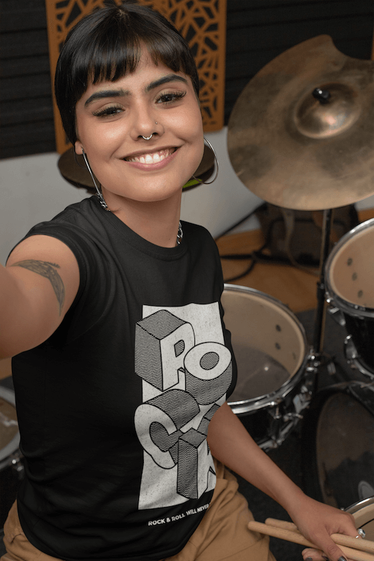 Mockup Featuring A Female Drummer Wearing A Customizable T Shirt And Taking A Selfie