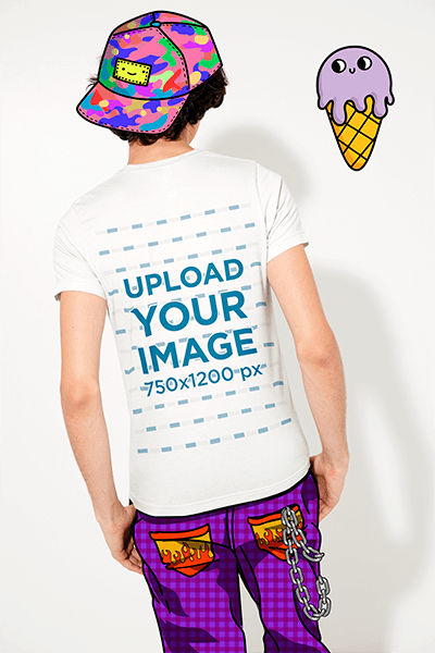 Back View T Shirt Mockup Of A Man Wearing Illustrated Hat And Jeans