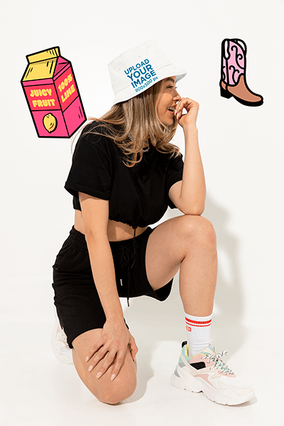 Bucket Hat Mockup Featuring A Woman In A Streetwear Outfit And Sticker Graphics