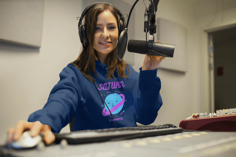 Hoodie Mockup Featuring A Podcast Host Recording